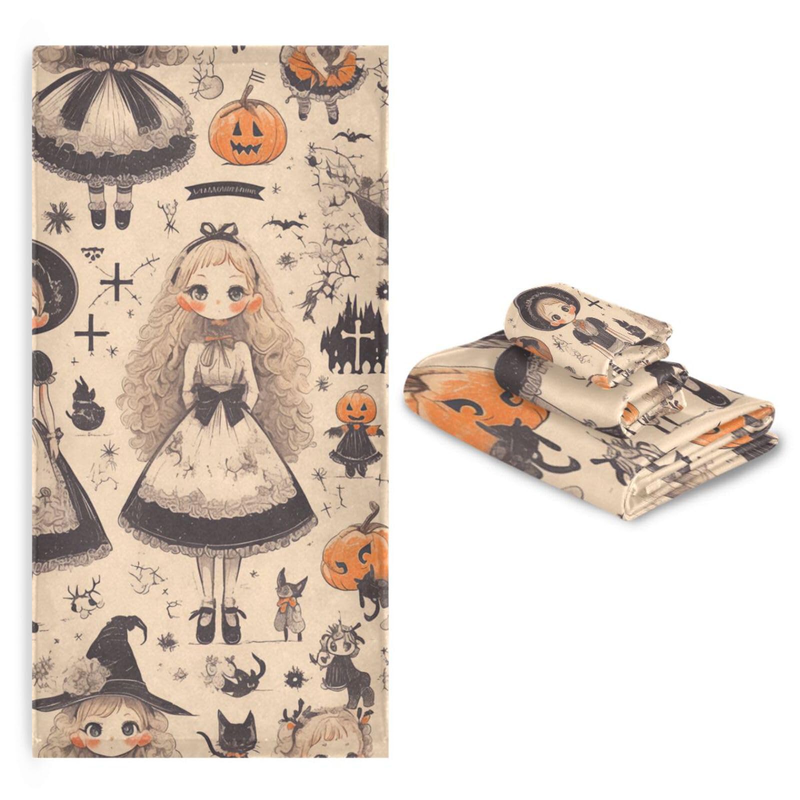 Set di 3 asciugamani morbidi per il viso con zucca di Halloween in stile gotico, 1 asciugamano da bagno, 1 asciugamano per le mani, 1 panno per yoga, bagno e cucina
