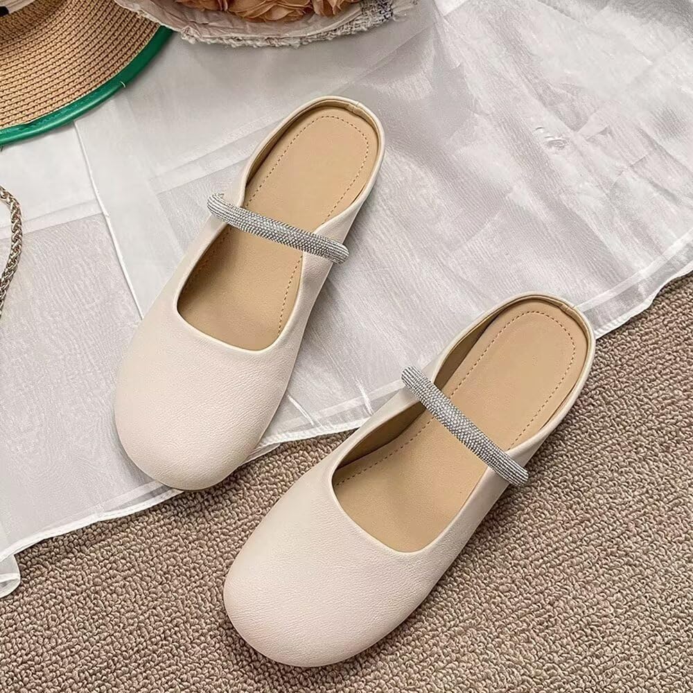 VFDB Women Mules Elegant Dressy Flats Closed Toe Microfiber Leather Shoes Adjustable Buckle Strap Mary Jane Casual Office Shoes
