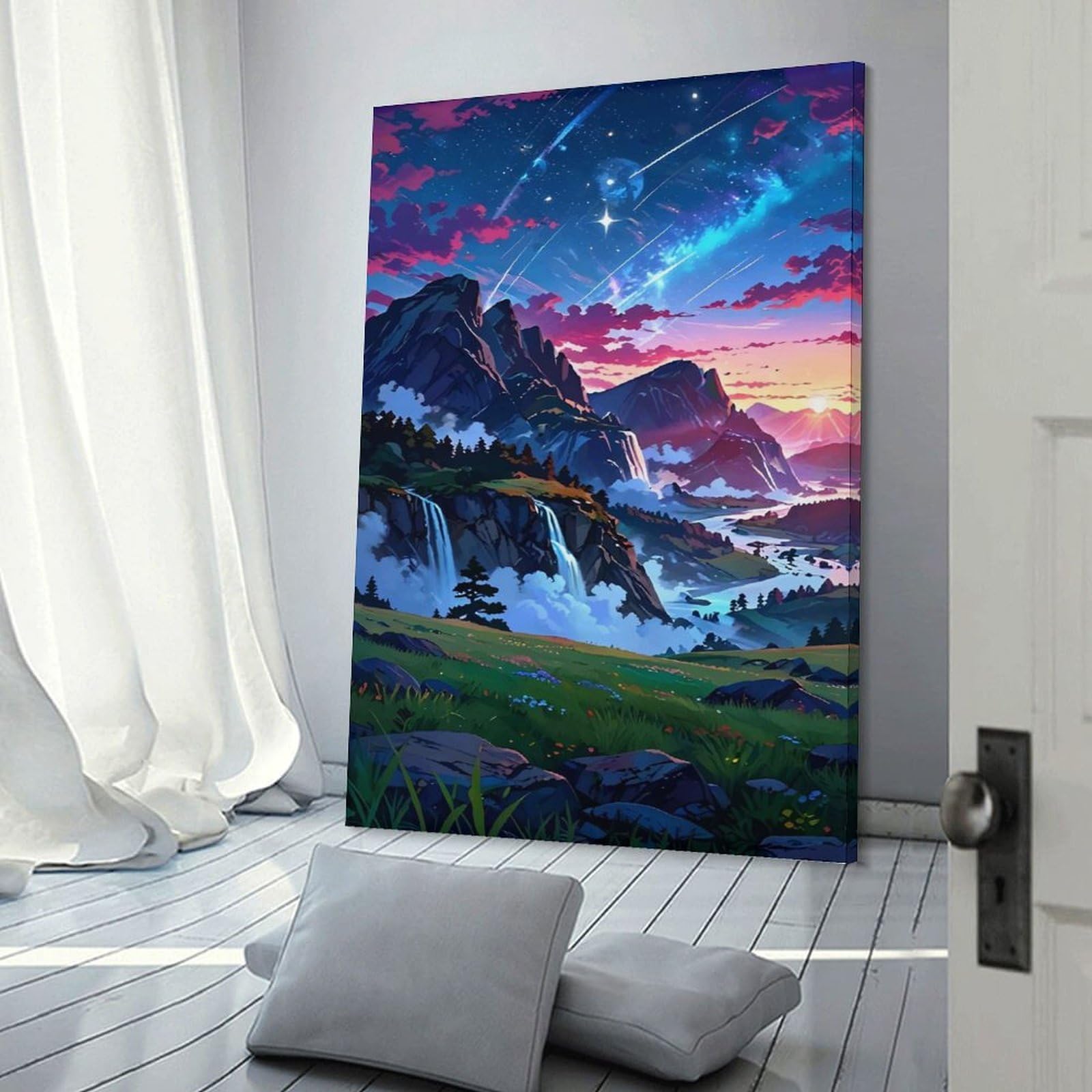 Junmoney Anime Landscape with Waterfalls And Stars Wall Art Print, 12x18inch(30x45cm), for Entrance Spaces, Stair Walls Or Halls, Home Artwork for First Impressions