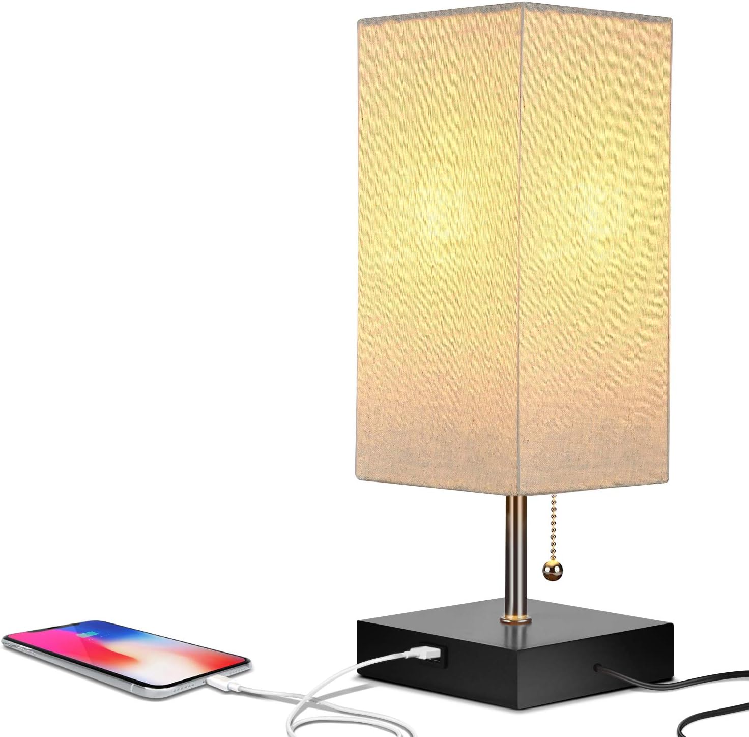 BrightechGrace LED USB Bedside and Desk Lamp - Modern Lamp with Soft Ambient Light, Lampshade and Functional USB Port - Bedroom, Living Room or Office - Black