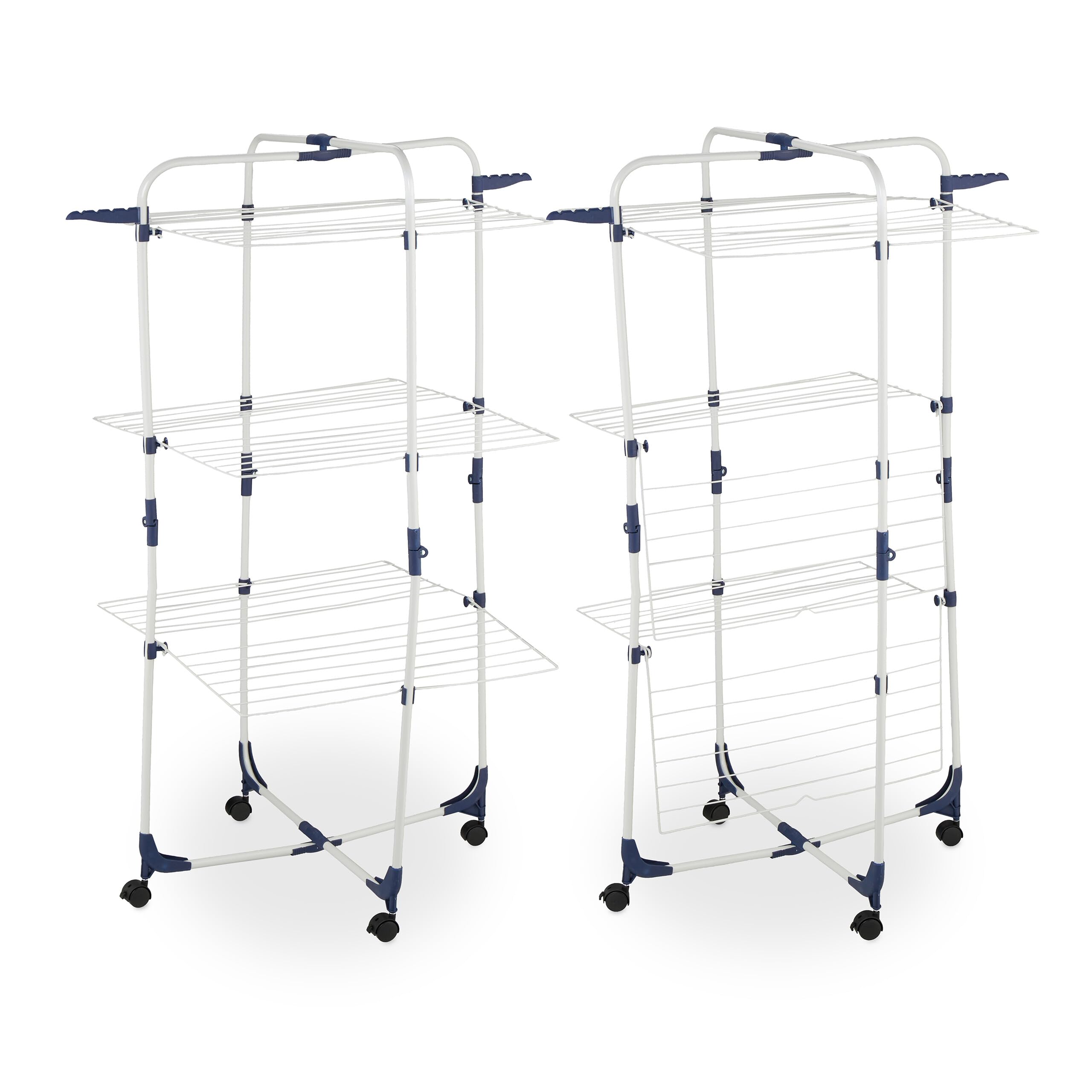 Relaxdays Tendedero Torre, Plegable, con Ruedas, 3 Niveles, 33 m de Secado, 135 x 70 x 70 cm, Tenderete, Blanco/Azul