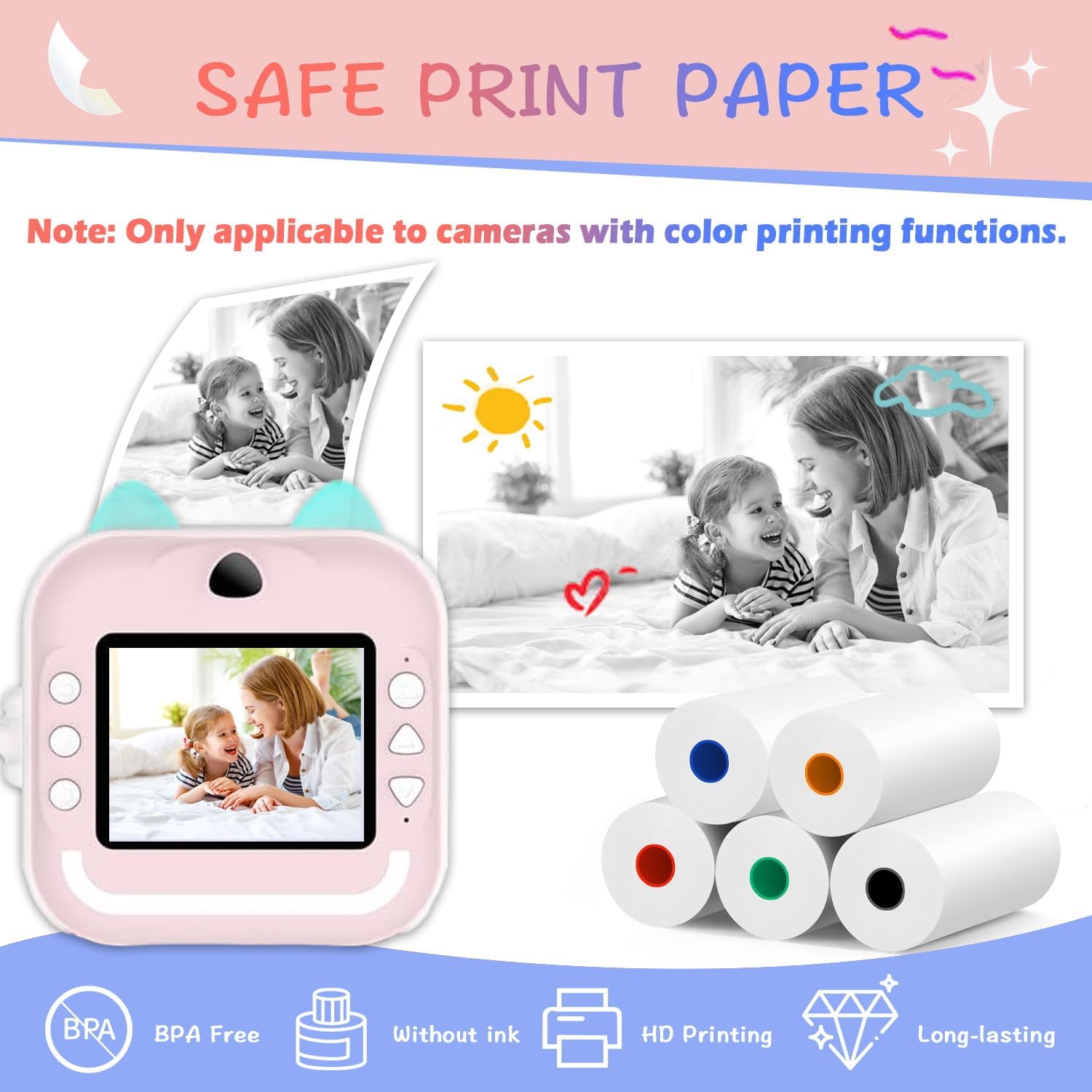 5 Rolls MIARALA 5 Vibrant Single-Color Kids Camera Paper Roll Refill, HD Paper for Most Kids Instant Cameras, BPS/BPA-Free - Image 2