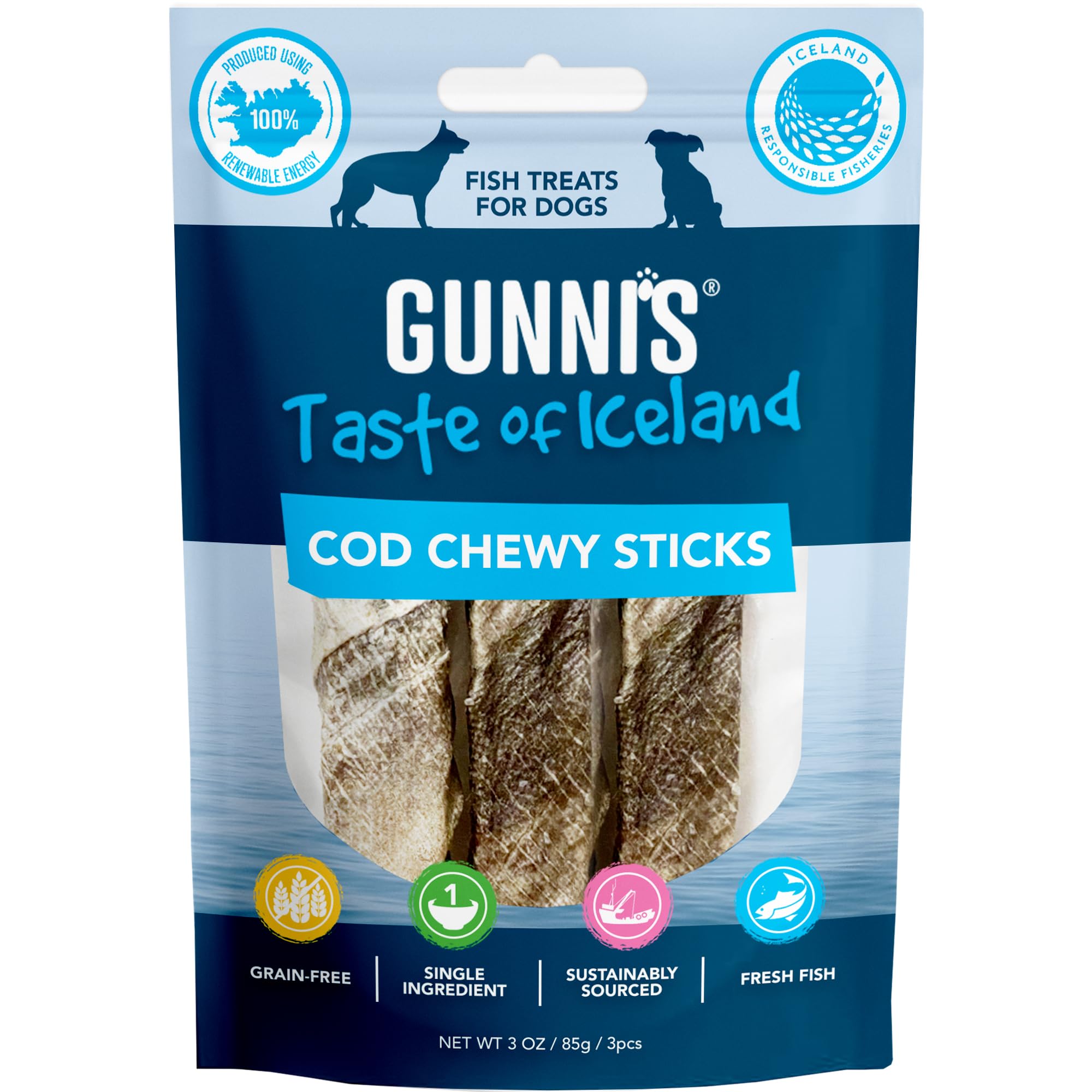 Gunnis Cod Chewy Sticks - Fish Treats For Dogs, 100% Pure Icelandic Cod. Dried Natural Fish Skin Dog Chews. Hypoallergenic, Omega Rich, Low Fat, Sustainably Sourced. No Additives Or Fillers. 25pcs — image 1
