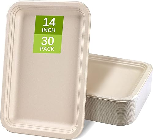 CVIUYO Paquete de 30 platos de papel desechables Bandeja de bagazo biodegradable súper dura de 14 pulgadas bandeja de bagazo 100 compostable