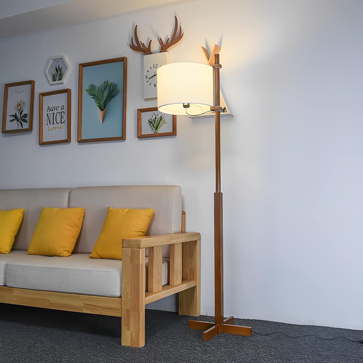 Lámpara de pie de madera maciza Retro, lámparas de pie para sala de estar, iluminación brillante con pantalla de tela, lámpara de pie para dormitorio