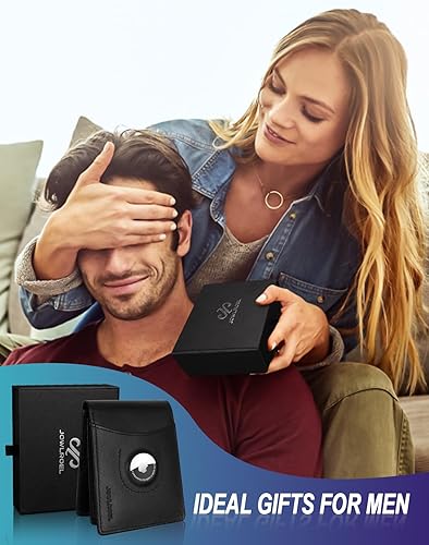 Miniatura 7 de Jowlroel Billetera para hombre con soporte AirTag Cartera plegable de piel auténtica para hombre para AirTag RFID bloqueo cartera con 2 ventanas de