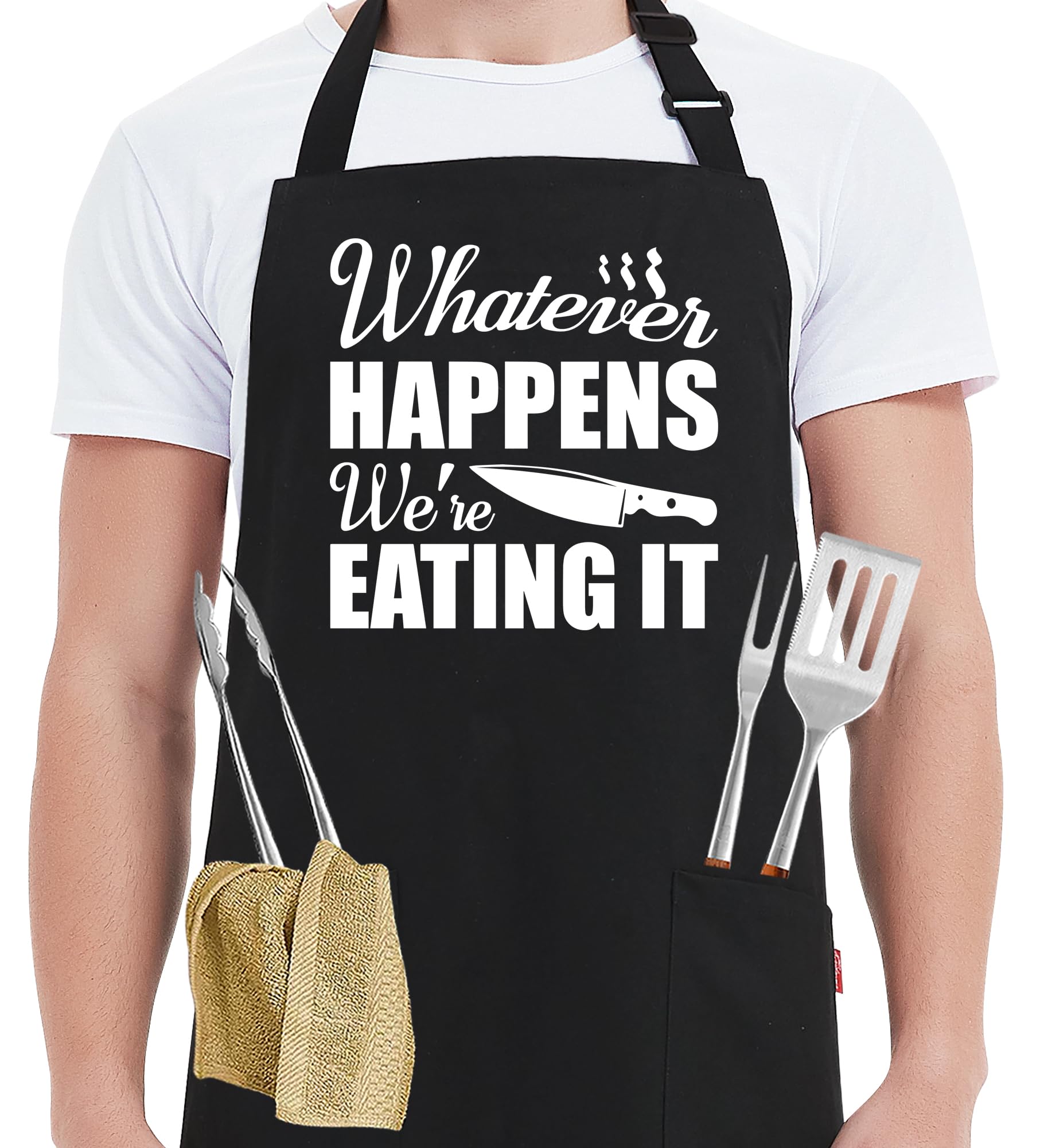 Kaidouma Funny Grill Aprons for Men - Whatever Happens We’re Eating It - Men‘s Funny Kitchen Chef Cooking Grilling BBQ Aprons with 2 Pockets - Father’s Day Birthday Christmas Gifts for Dad, Husband