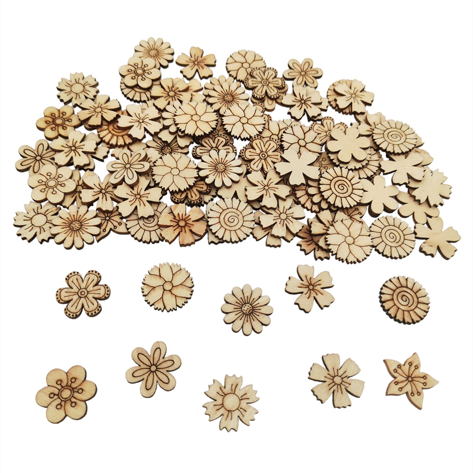 100PCS Unfinished Wood Cutouts Blank Wooden Slices Embellishments Wood Pieces for Crafts, Gift Tags, Painting, Home Decoration (Mixed Shapes B)