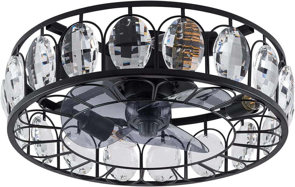 TFCFL Industrial Crystal Ceiling Fan with Lights, 18 Inch Black Caged Low Profile Chandelier Fan Timing with Controller 3-Speed 4-Light Semi Flush Mount Hidden Blades Fan for Bedroom