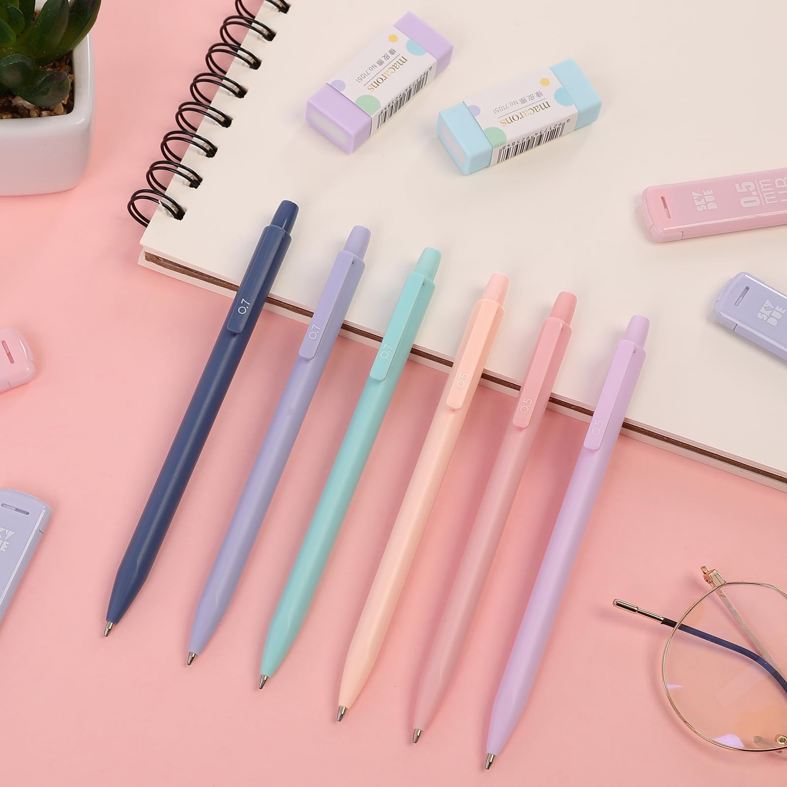 SKYDUE Schulbedarf, Federmäppchen mit 12 Pastell-Textmarkern, 5 schwarzen Gelstiften, Druckbleistiften, College-Essentials, Studenten, Schreibwaren-Set, Rosa, 38-teilig