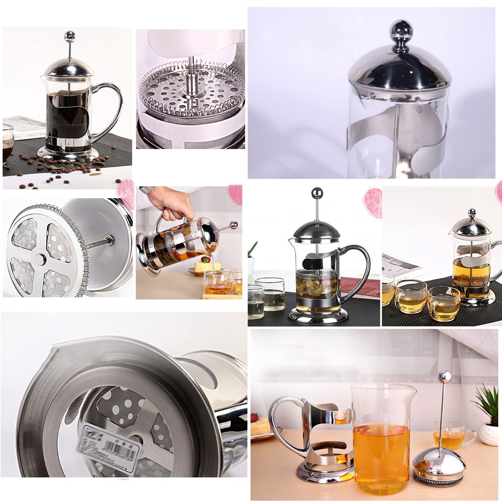Caffettiere A Pistone, Caffettiera Francese in Acciaio Inox 304 con Sistema di Filtrazione A 3 Livelli, French Press Teiera Vetro Borosilicato, Resistente al Calore Durevole, Facile da Pulire