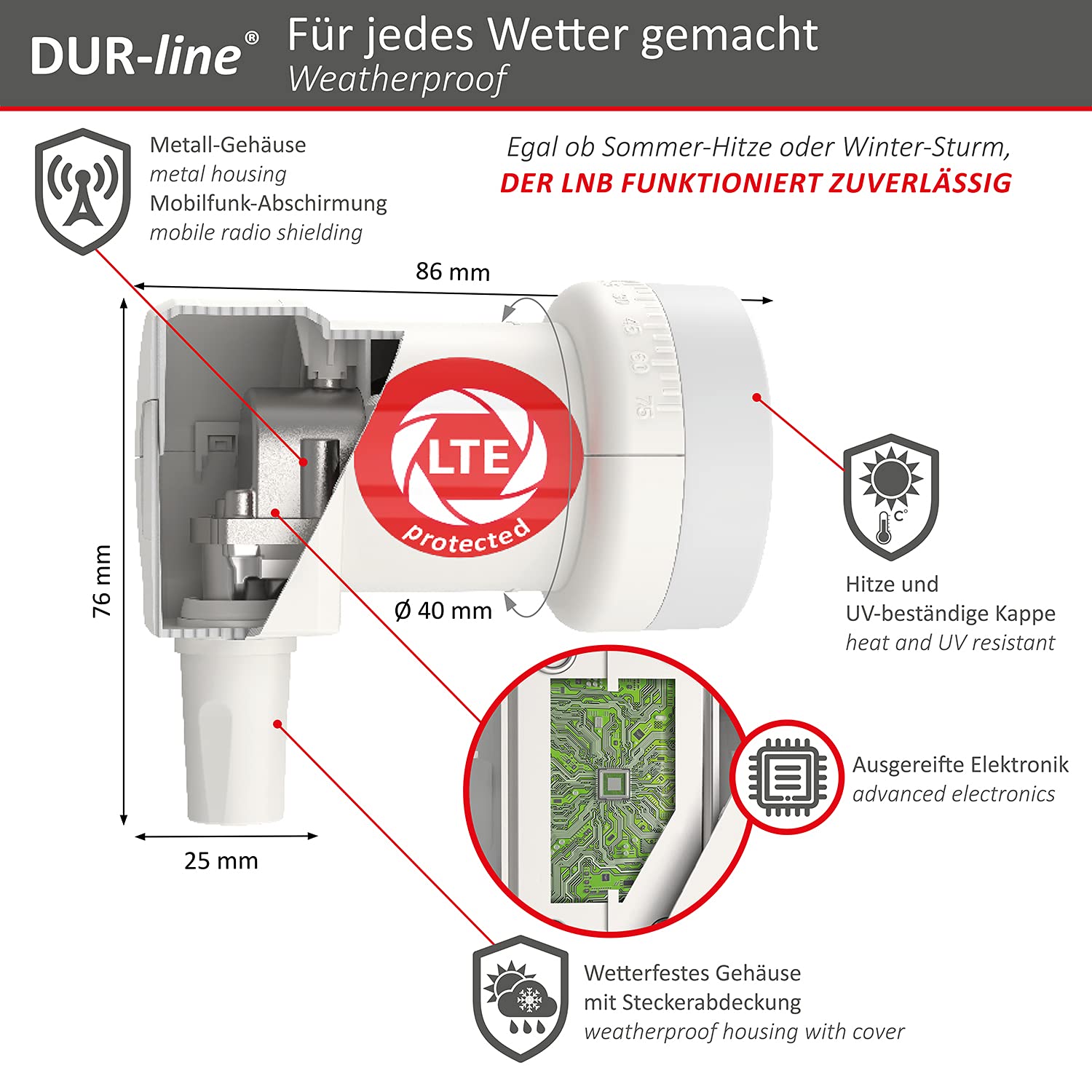 DUR-line +Ultra Single LNB - 1 Participant Blanc - avec Filtre LTE [ Test TRÈS Bien *] 1-Fois, numérique avec Protection Contre Les intempéries, Full HD, 4K,Qualité Premium
