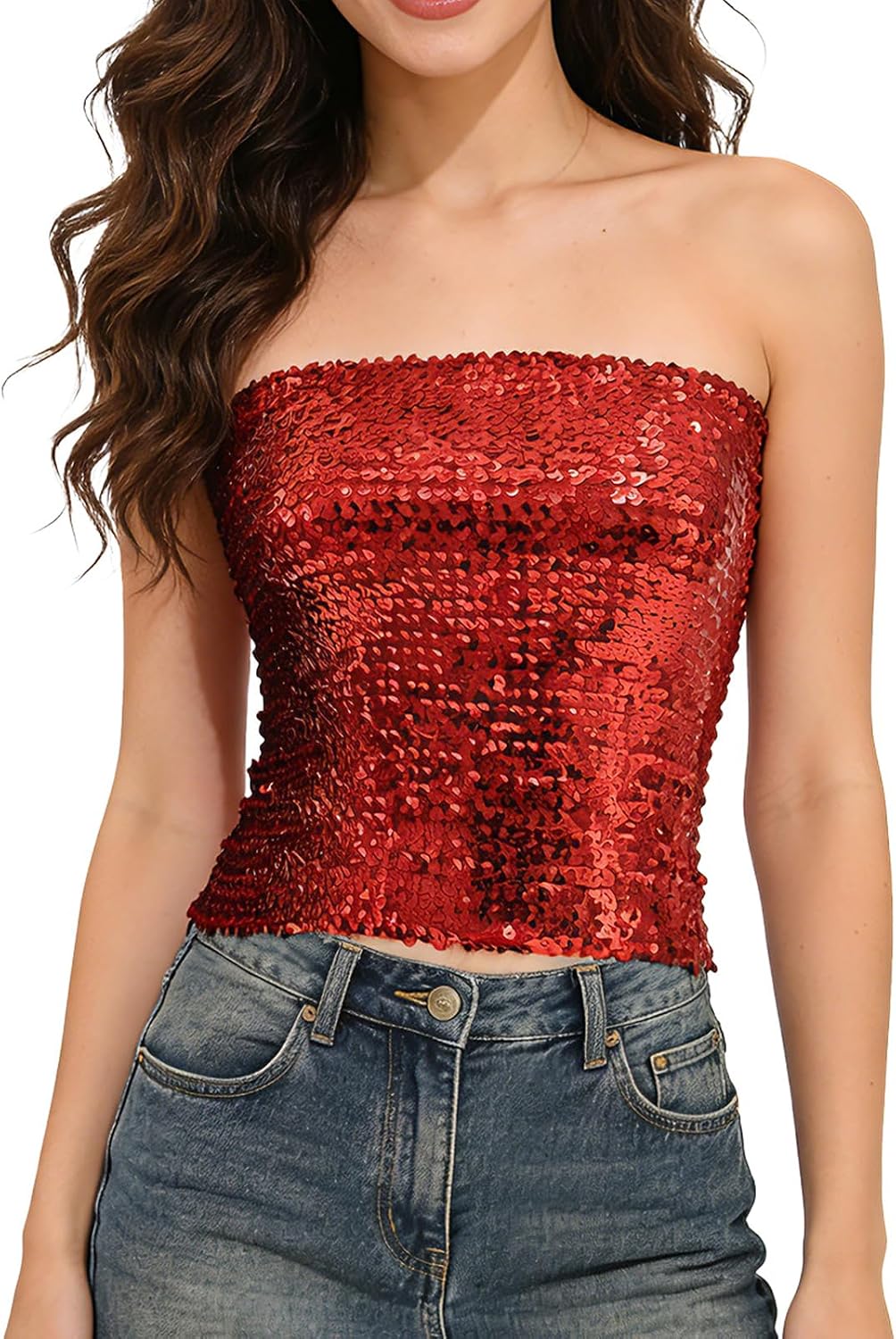 Sequin Tube Top Stretchy Womens Sparkly Strapless Crop Tops for Party Clubwear