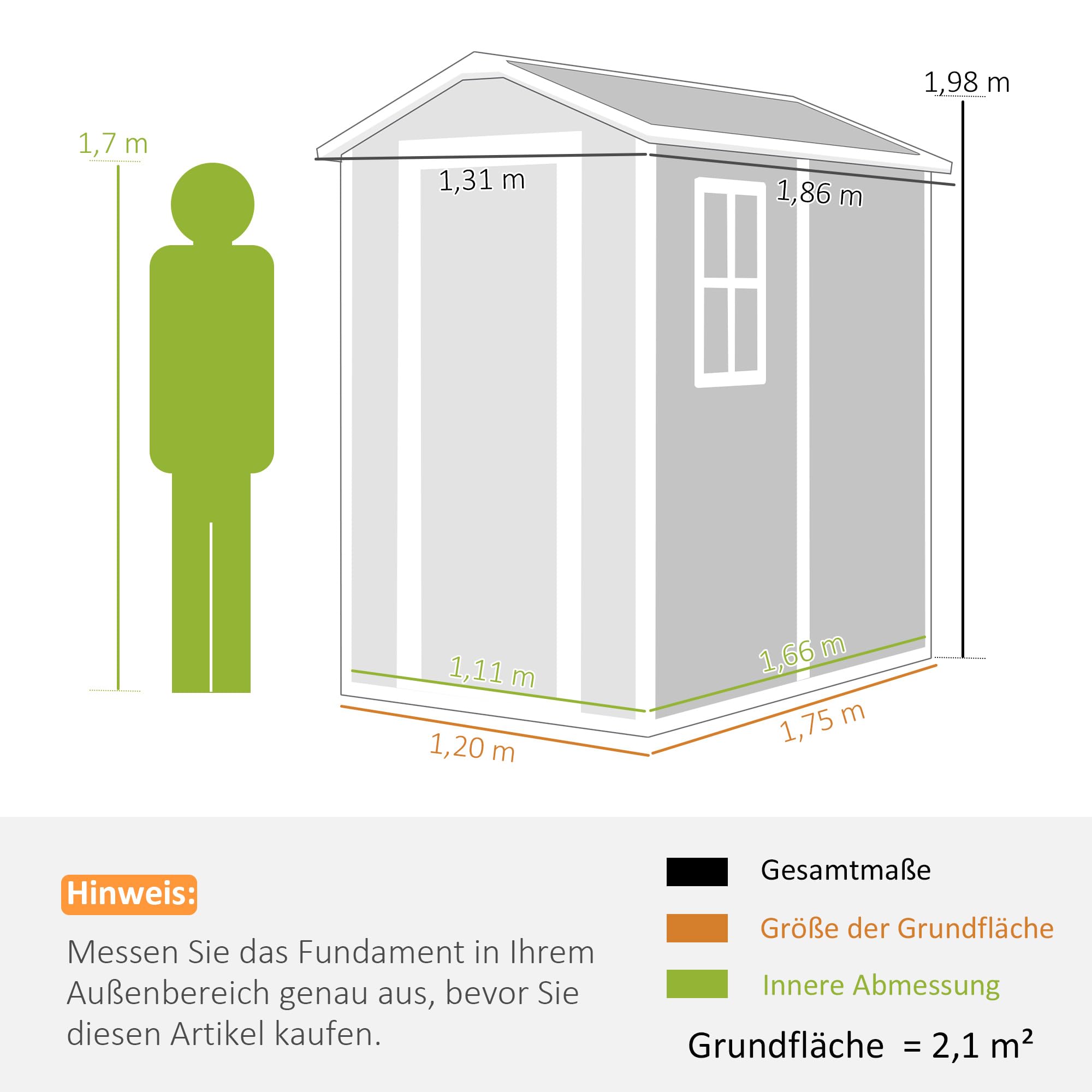 Outsunny Gerätehaus 2,1m² Wasserdicht mit Boden 131x186x198/172 cm Grau | Pultdach Gartenhaus, Geräteschuppen, Abschließbar Tür, Fenster, Fahrradgarage, Kunststoff, Hinterhof, Garten