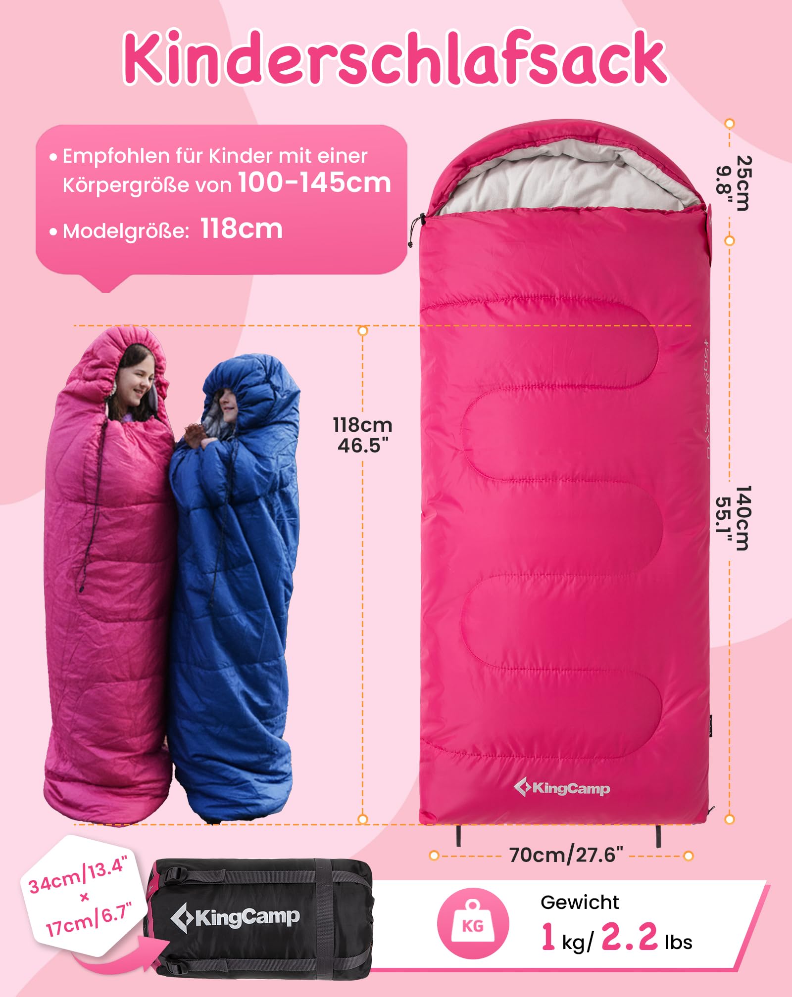 KingCamp Kinderschlafsack 3 Jahreszeiten Deckenschlafsack für Kinder 100-140cm Leicht Warm für Camping und Wandern mit Tragetasche
