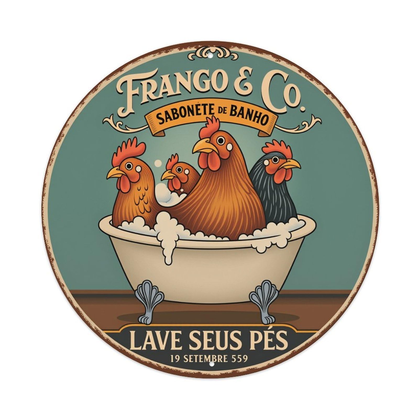 Chicken Bath Soap Label Art Round Tin Sign Vintage Style Metal Sign Home Bar Garden Wall Plaque Decor Metal Poster 8x8 Inch
