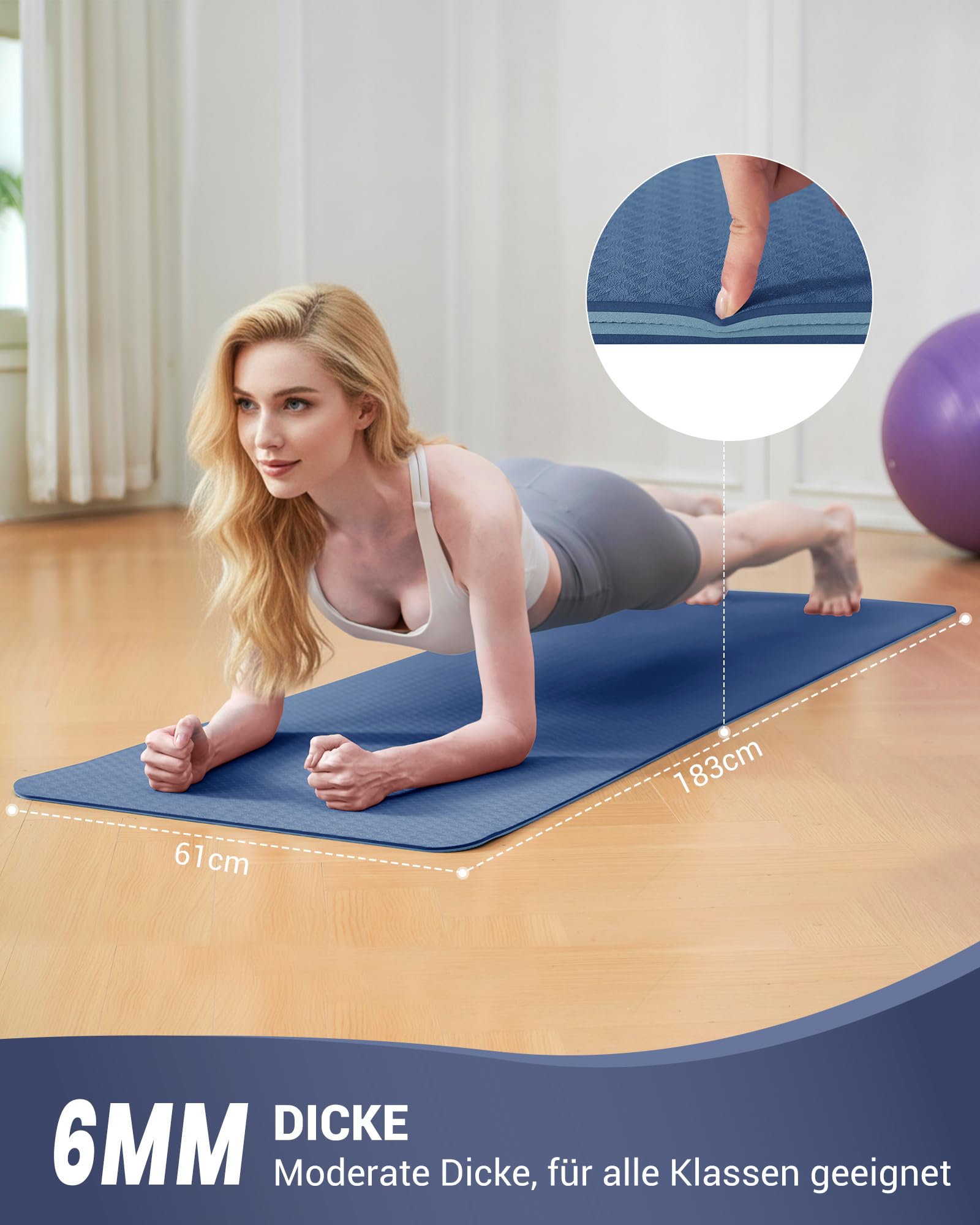 Good Nite Tappetini da Yoga da Donna Antiscivolo Con Superficie Testurizzata, Spessore 6 Mm, Con Cinghia Per Il Trasporto, Tappetino per Yoga, Pilates, Ginnastica (183 * 61 * 0,6 Cm)