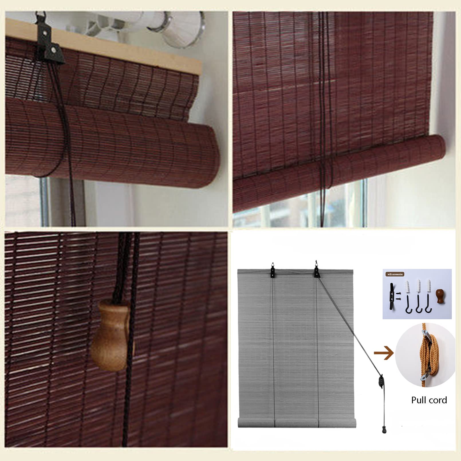 Maroon Roleta bambusowa, roleta rzymska, roleta bambusowa z mechanizmem bocznym, naturalna ochrona okna, ochrona przed słońcem, oddychająca, dekoracyjne żaluzje, do użytku wewnątrz i na zewnątrz/do ogrodu, 100 x 160 cm