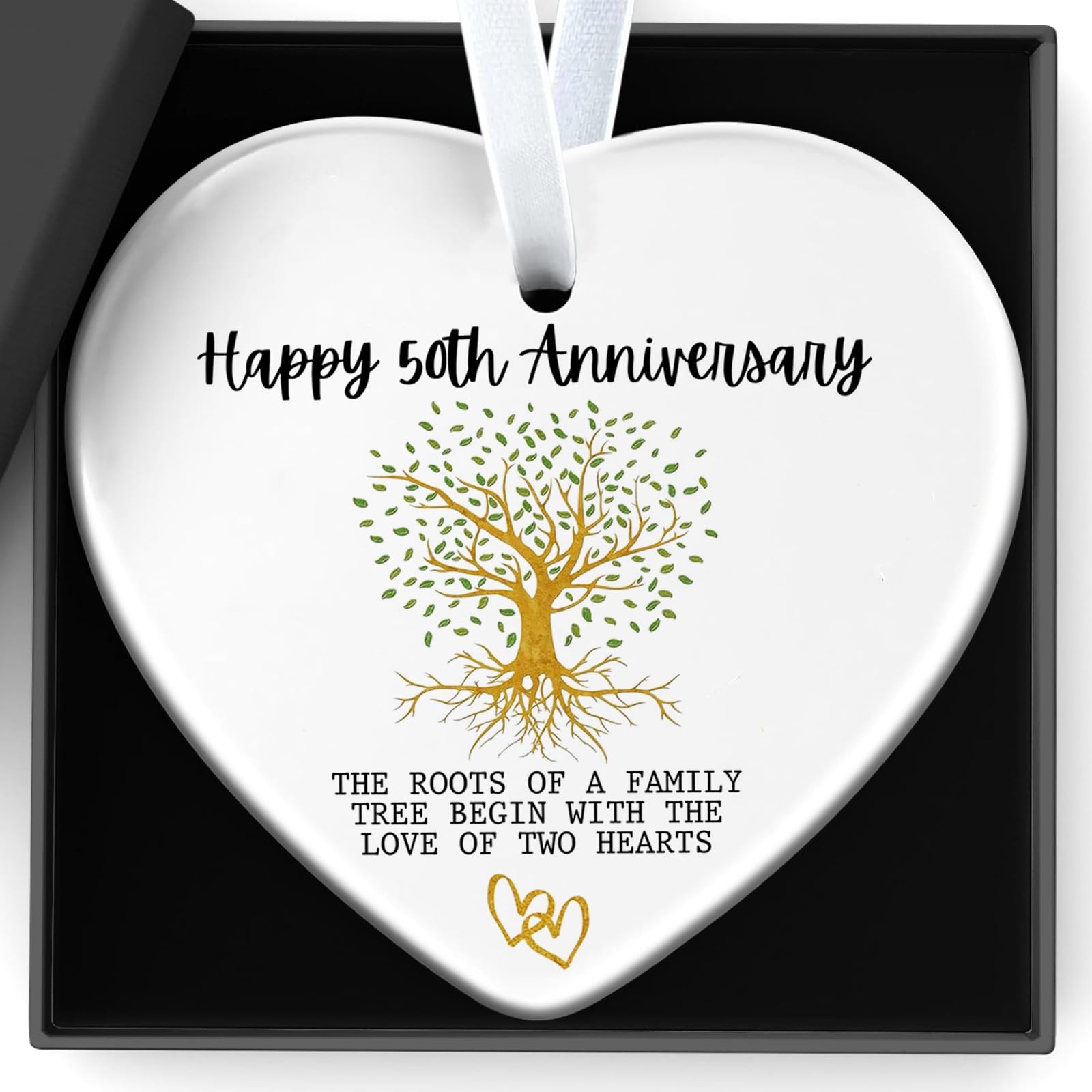 Happy 50th Wedding Anniversary Decorations Gifts Ceramics Hanging Heart Plaque The Roots Of A Family Tree Begin With The Love Of Two Hearts for Mr and Mrs Parents Dad Mum Golden Anniversary Decor Gift