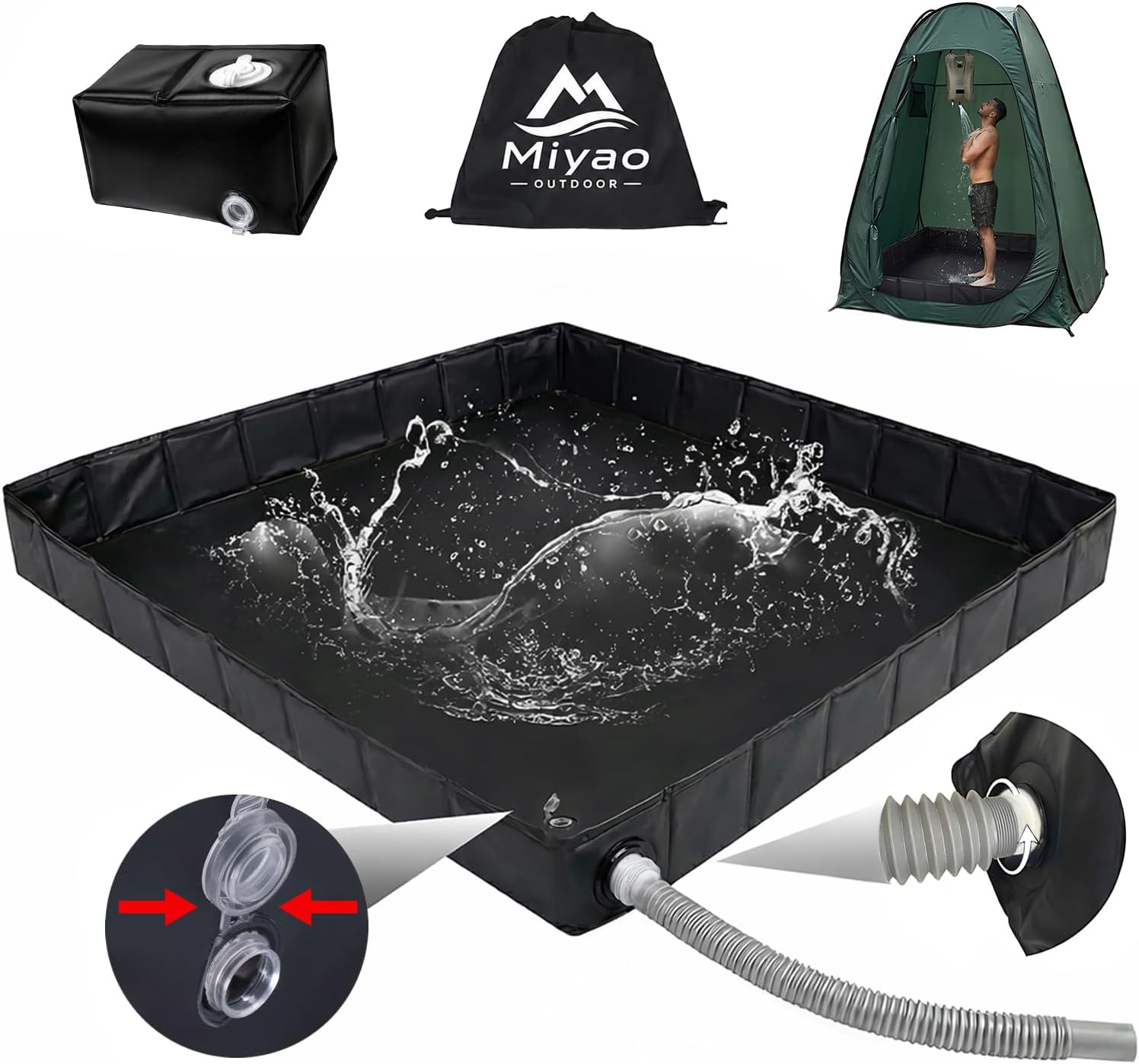 MIYAO Upgraded Portable Shower Pan 41" x 41" x 5", Foldable Camping Shower Base with Dual Drainage System, Waterproof Storage Bag for RV, Beach & Outdoor Showers