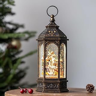 12.8'' Christmas Village Snow Globe Lantern, Santa Sleigh with Reindeer Will Rotate Around The Snowy Mountain Village with Musics Swirling Glitter Water Lantern for Home Decoration and Gift