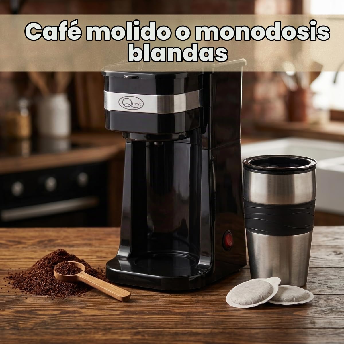 Quest 35189 - Cafetera de filtro portátil, capacidad de 420 ml, taza térmica de viaje incluida, funciona con café molido y cápsulas de café, espresso instantáneo y más