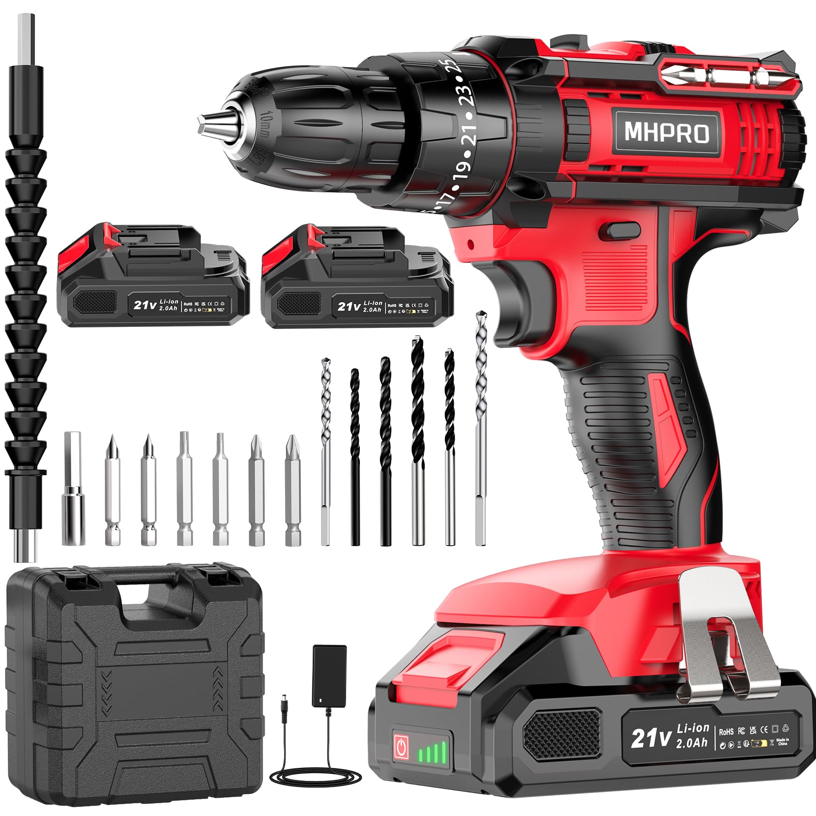 Trapano Avvitatore Batteria 21V, Avvitatore a Batteria con 2 Batterie da 2.0Ah, 42N.m di Coppia, 2 Velocità, 25+3 Coppia, 30 Accessori, Luce a LED, Per il fai da te