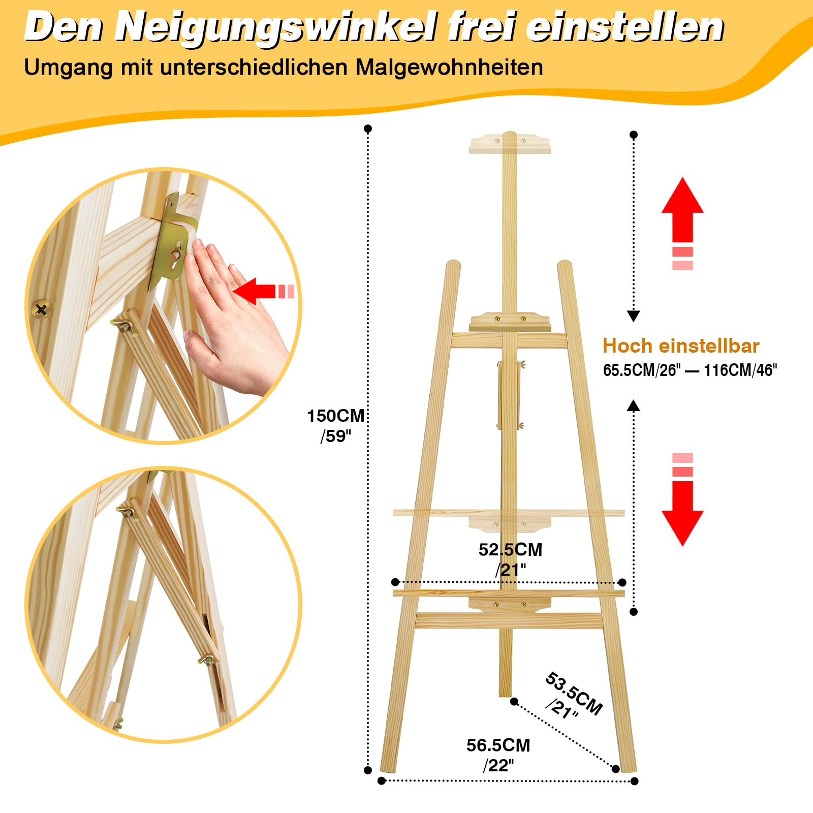 Chevalet en bois réglable de 150 cm pour toile jusqu'à 116 cm – Chevalet de terrain robuste pour adultes et enfants, idéal pour la peinture, le ding et les projets créatifs