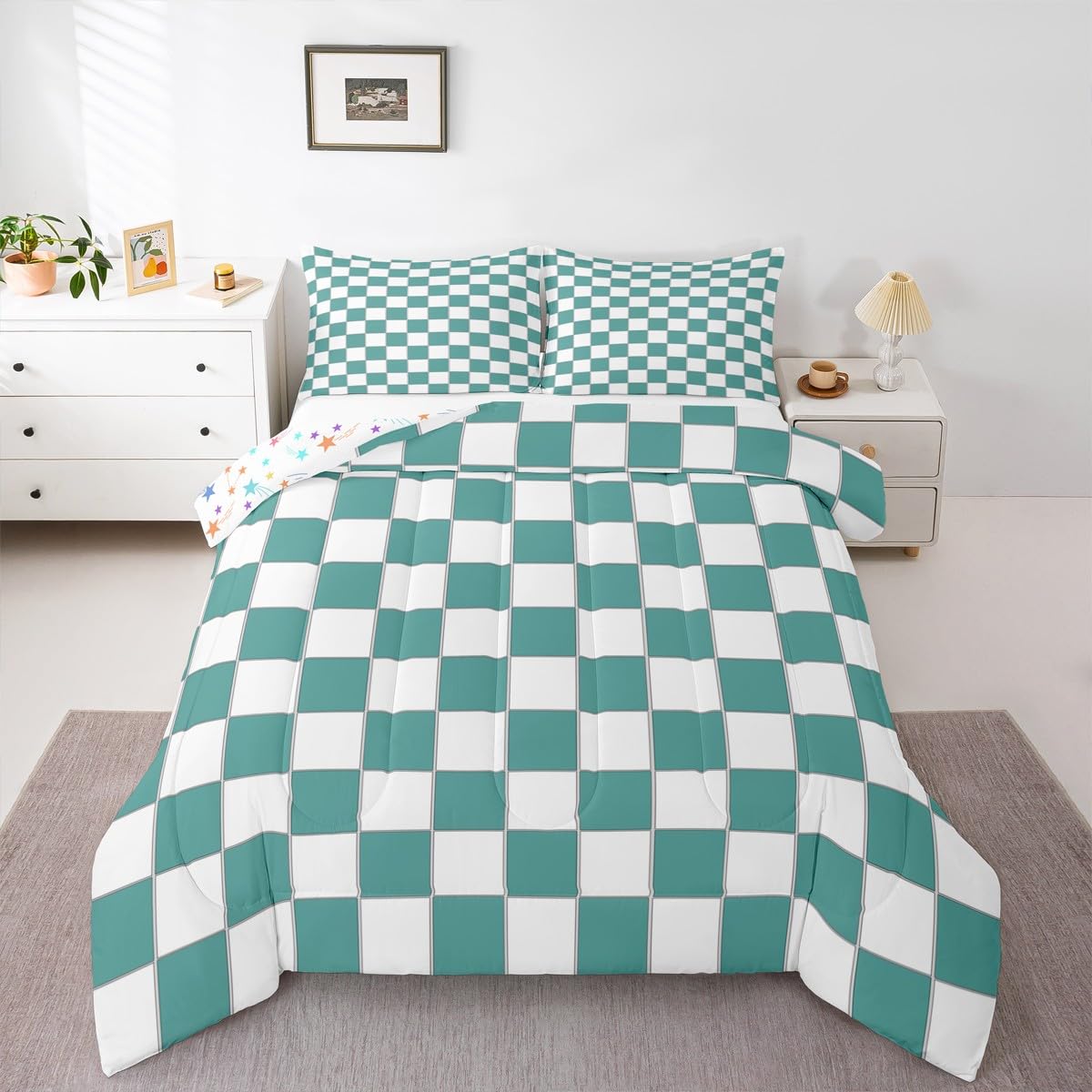 Erosebridal Girls Teal Comforter Set Twin Turquoise Checkered Kids Bedding Set Geometric Grids Plaid Comforter,Gingham Quilt Duvet Soft Lightweight