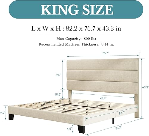 Miniatura 63 de HOOMIC Base de cama de tamaño matrimonial con cabecero, plataforma tapizada de tela con soporte de listones de madera fuerte, base de colchón, no