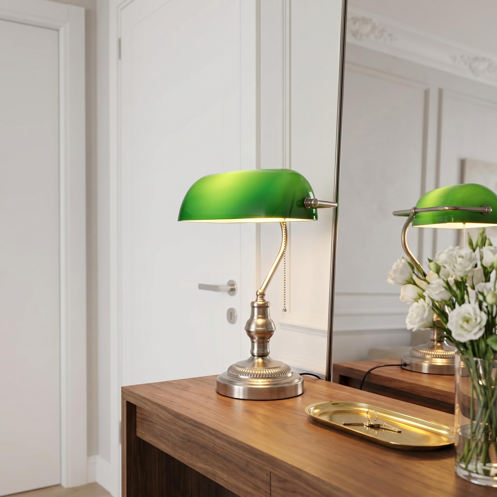 BARCELONA LED - Lampada da tavolo vintage "BANQUERO" con paralume in vetro verde - Base in nichel - Lampada da scrivania classica per ufficio e studio - Attacco E27
