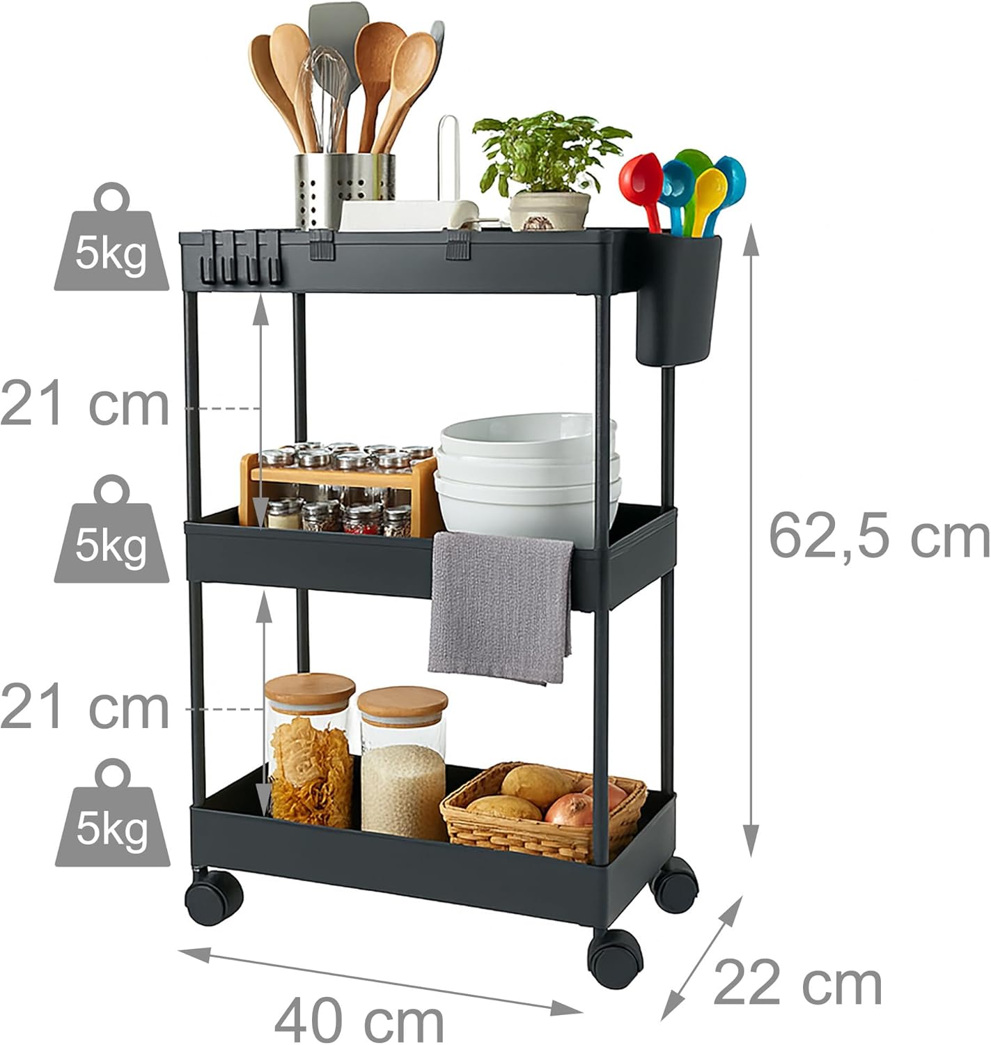 Diagram showing the dimensions and weight capacity of the 3-tier rolling cart.