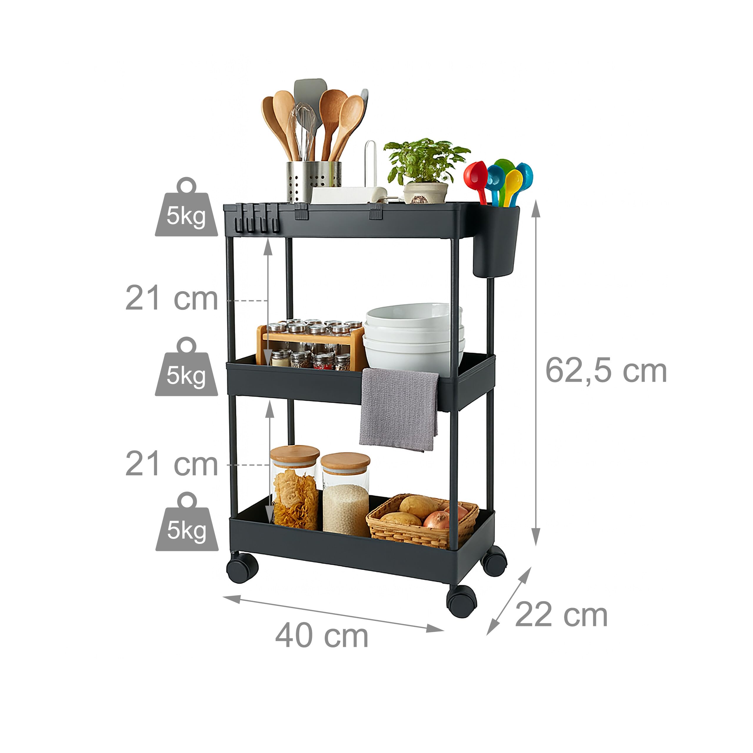 Carrello Relaxdays, 3 Ripiani, Carrello di Servizio, Carrello da Cucina, HLP: 62,5x40x22 cm, Nero