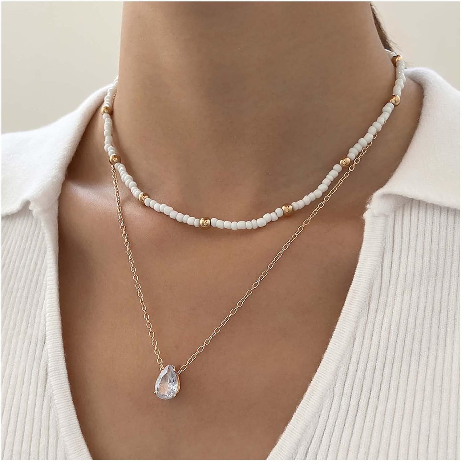 Andelaisi Boho Layered Bead Choker Necklace Vintage Teardrop Crystal Pendant Necklace White Seed Bead Chain Necklace Gold Water Drop Pendant Necklace Jewelry for Women and Girls - Image 2