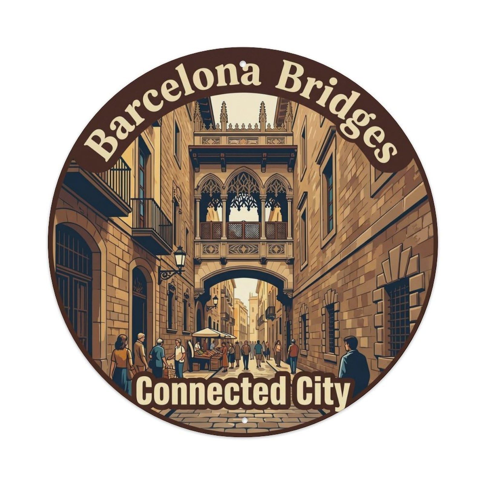 Vintage Barcelona Bridge Cityscape Spanish Culture Travel Guide Metal Tin Sign Plaque Wall Decor for Cafe, Man Cave, Club Bar, Office, Home Garden Round Metal Poster 8x8Inch