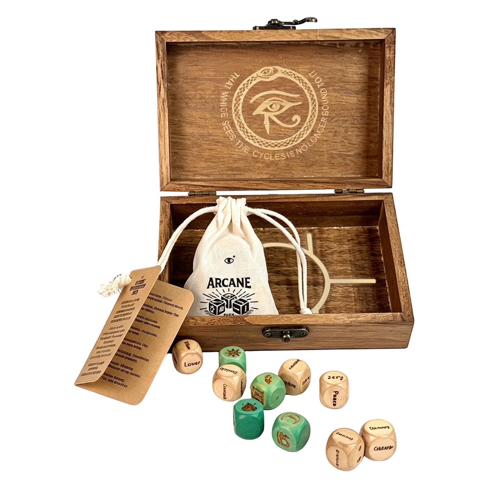 Arcane Divination Dice Set with Engraved Wooden Box & 9 Dice