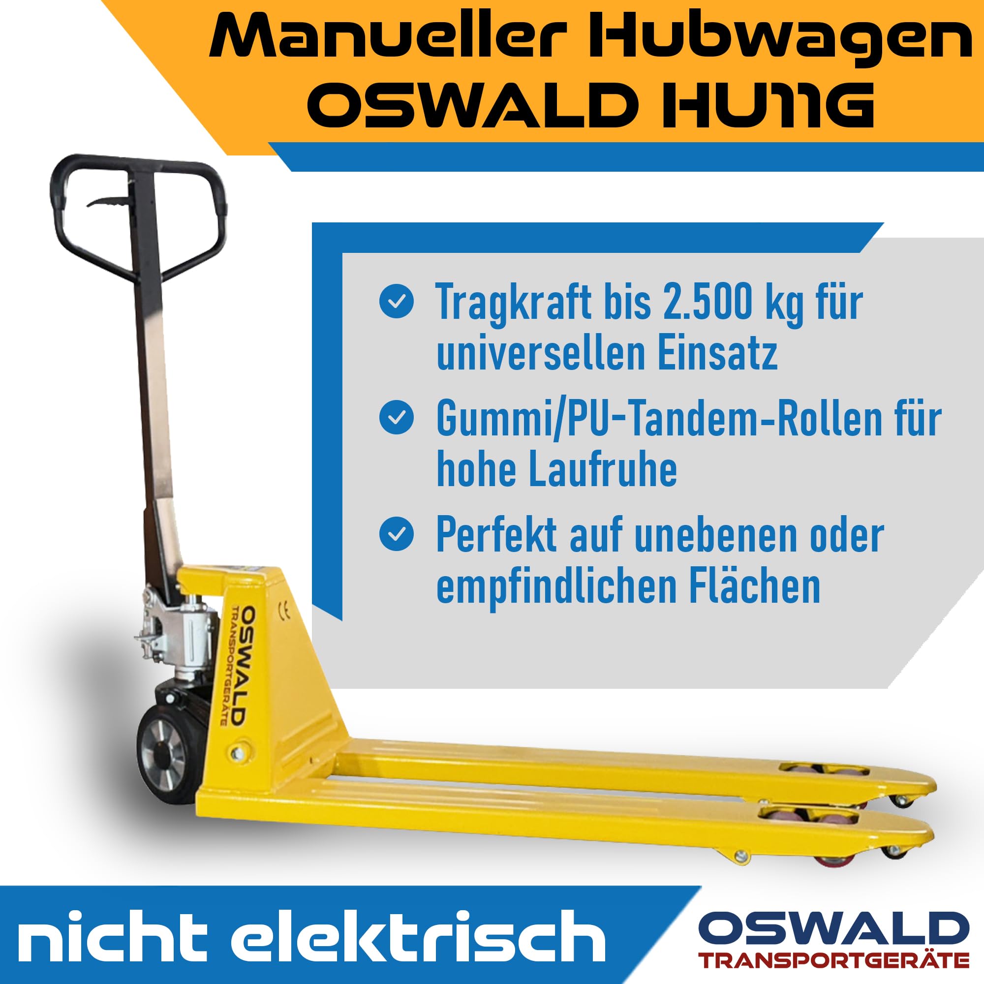 Oswald HU11G Hubwagen 2500 kg - 1150 mm Gabellänge - PU-Tandemrollen - Handhubwagen Palettenhubwagen Palettenwagen