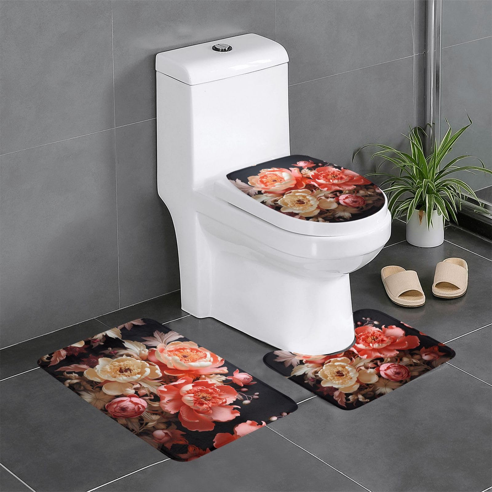 Tapis de salle de bain antidérapants pivoines avec tapis contour et rectangulaire