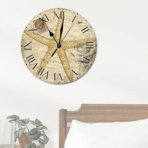 Miniatura 109 de ArogGeld Reloj de pared con diseño de estrella de mar antigua francesa, de cloruro de polivinilo, con números romanos, de 10 pulgadas, funciona
