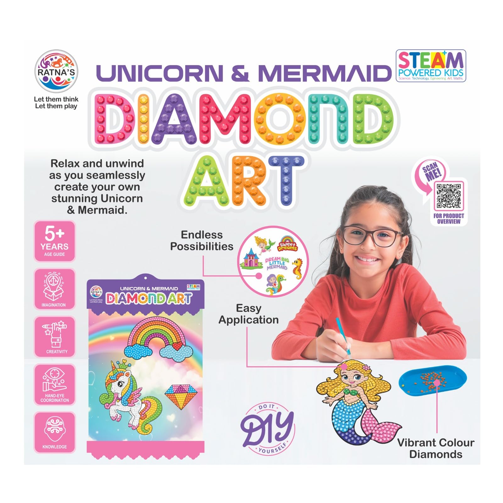 BKDT Marketing Unicorn & Mermaid Diamond Art DIY Kit with Hanging Frames, Diamond Painting Kit for Kids Ages 5+ Years, Vibrant Colour Diamonds, Easy Application, Art and Crafts for Kids- Raksha Bandhan Gifts - Image 5 thumbnail