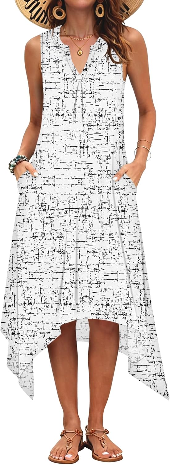 AUSELILY Summer Dresses for Women 2026 Casual Sleeveless Sundress Asymmetrical Hem Tank Midi Dress with Pockets