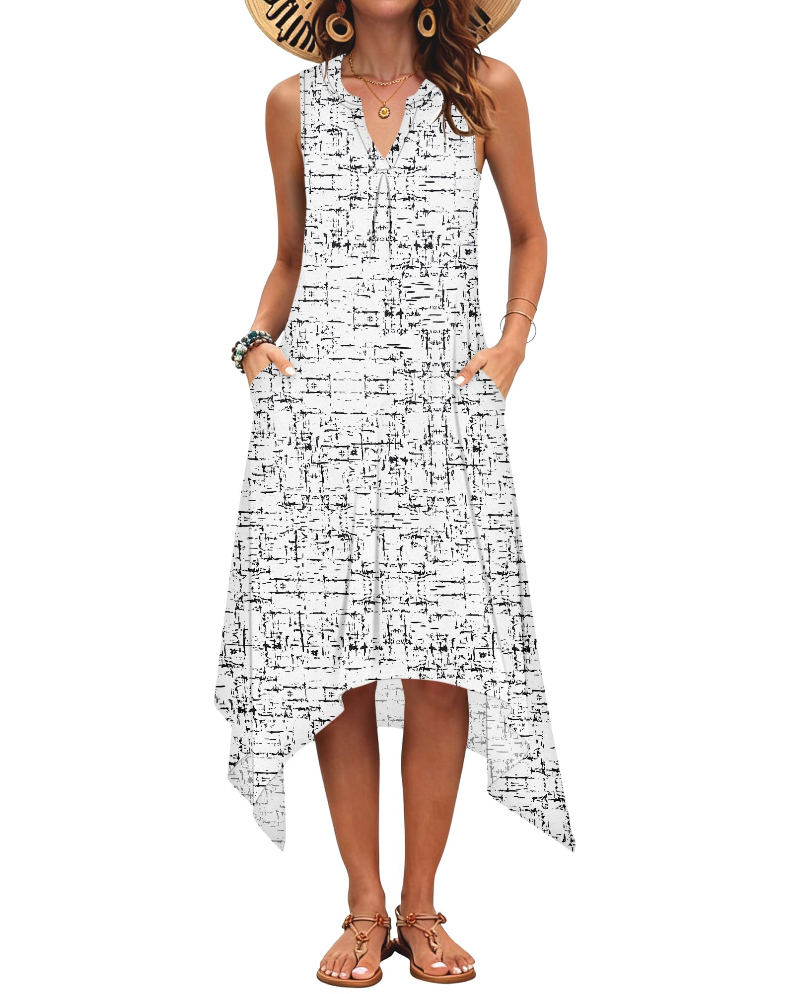 AUSELILY Womens Summer Midi Dress V Neck Sleeveless Casual with Pockets