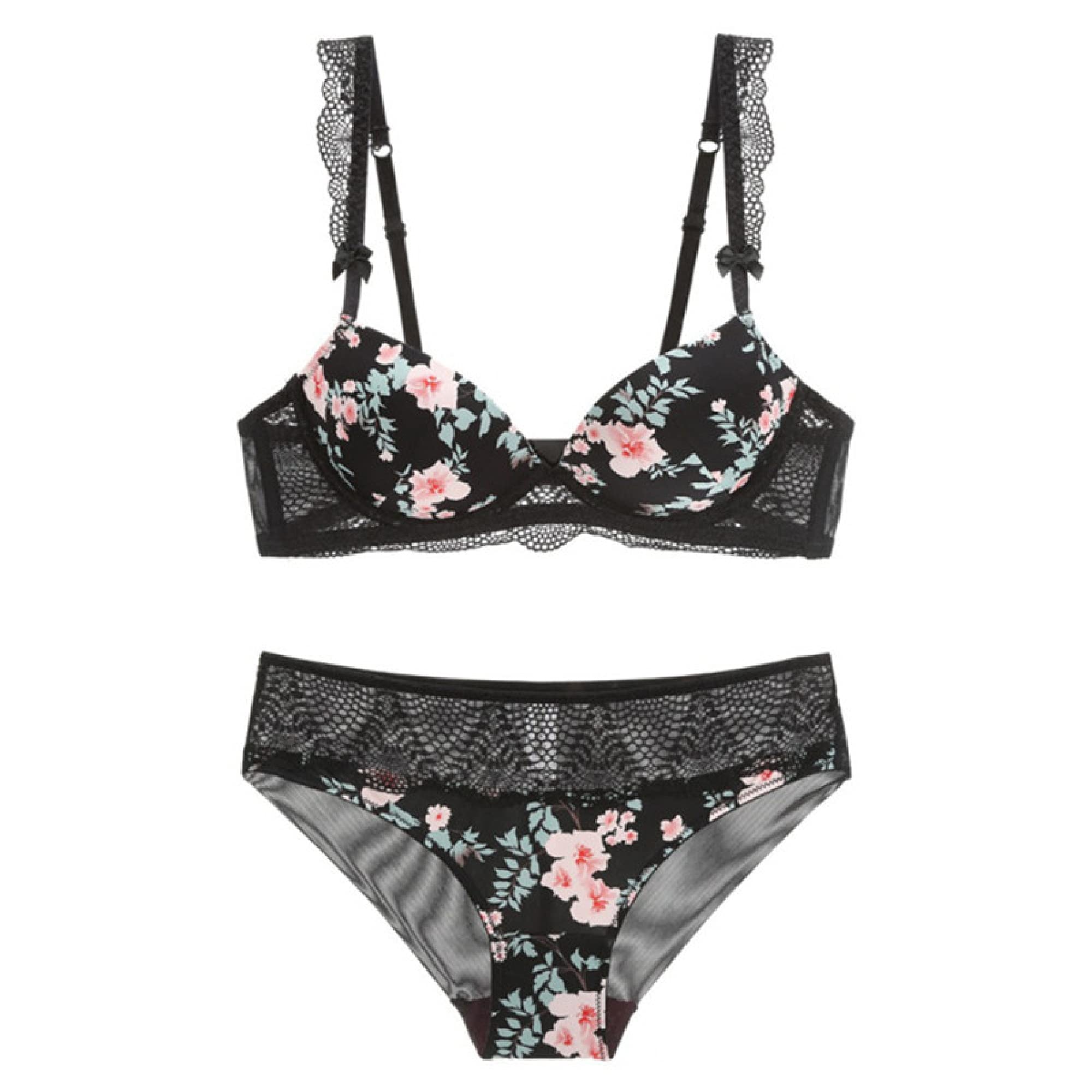 Soutien-gorge brodé noir 80C et culotte WENJUN - 7