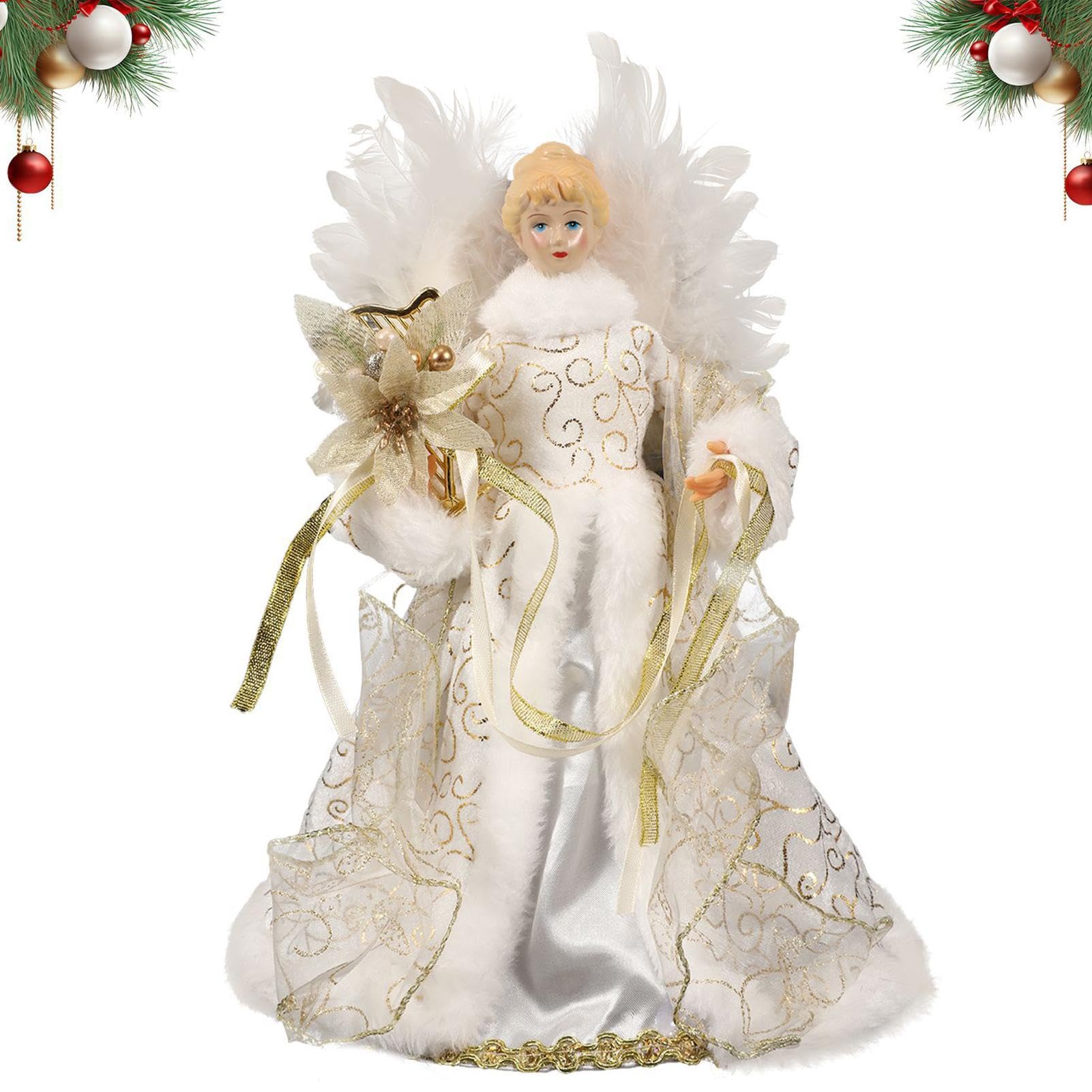 Christmas Tree Topper Angel,Tree Toppers Decorations Ornament - Angel Christmas Tree Topper with White Feather Wings, Angel Ornaments for Christmas Tree, Christmas Tree Decor