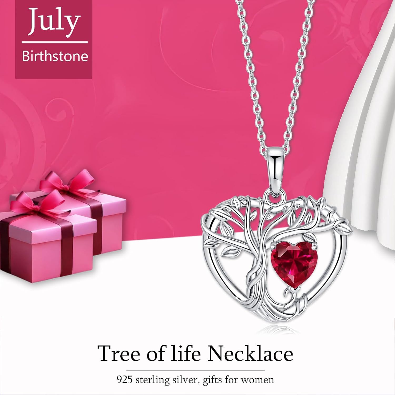 Tree of Life Necklaces for Women 925 Sterling Silver Heart Pendant Birthstone Necklace Created Gemstone Jewelry for Her, 18"+2" - Image 6