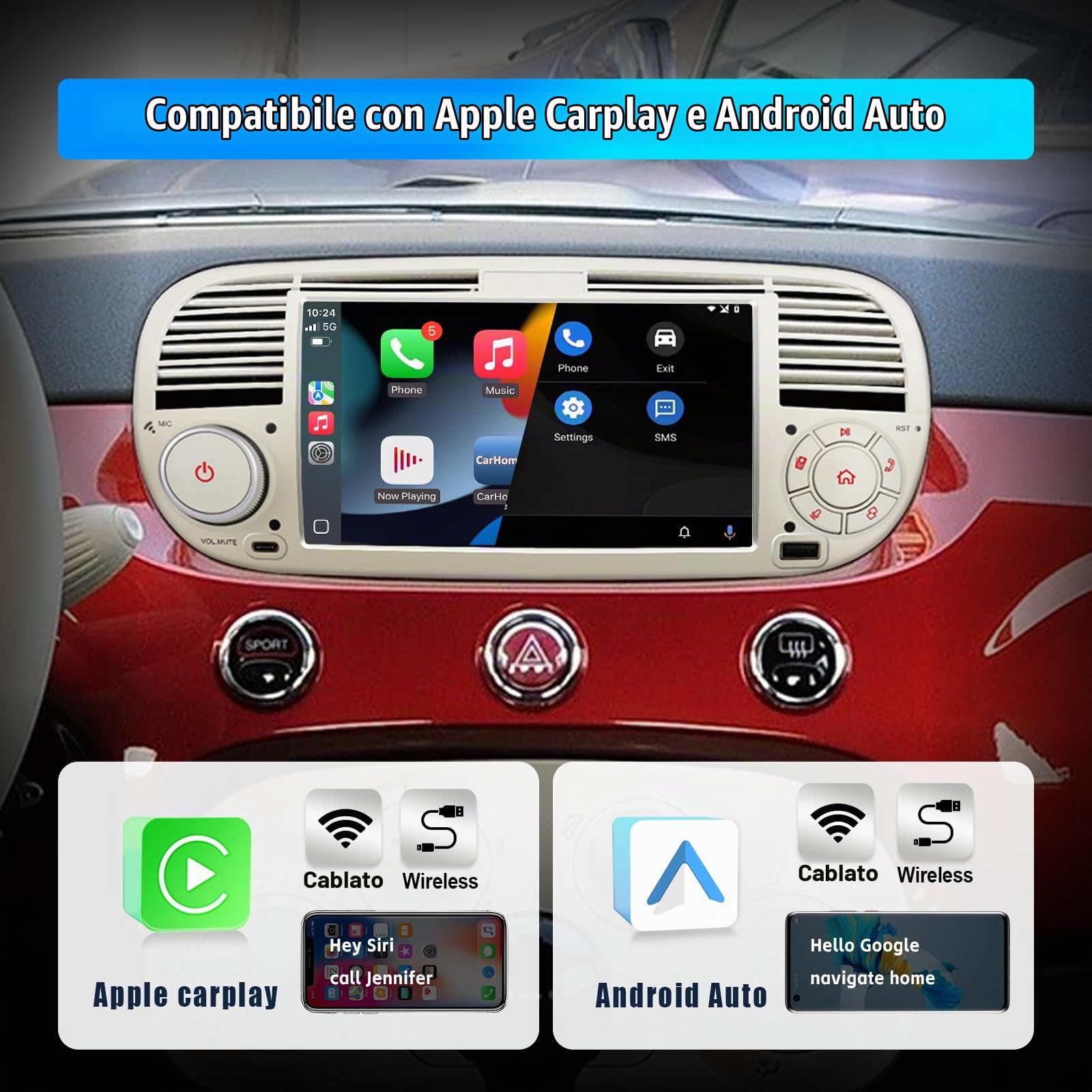 Autoradio per FIAT 500 radio con schermo touchscreen USB Bluetooth FM/AM Linux Sistema doppio din stereo auto con Carplay wireless/Android Auto bianco