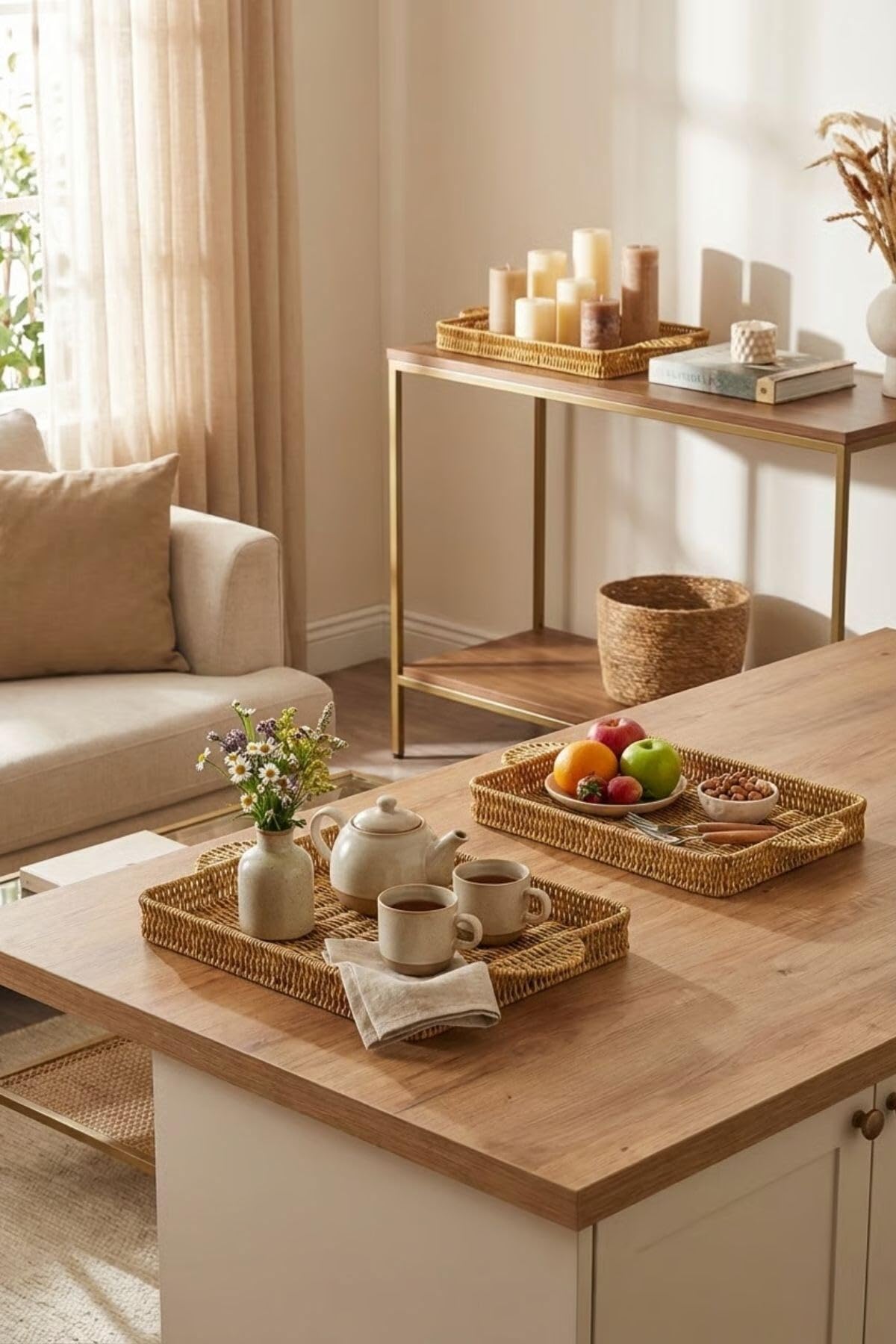 BUFFER İç İçe Geçebilen 3'lü Dikdörtgen Hasır Görünümlü Plastik Rattan Servis Tepsi Seti, Çok Amaçlı Sunum Tepsileri, 38x20x4 cm, 43x25x4 cm, 48x30x4 cm