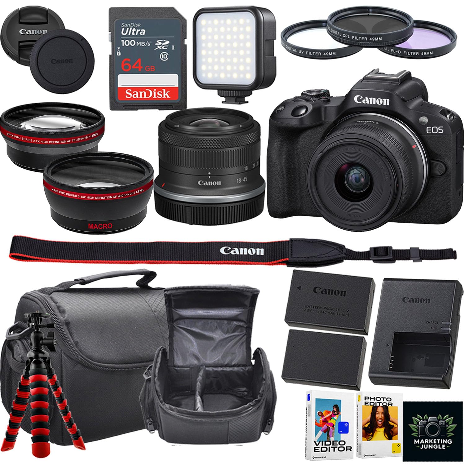 Canon EOS R50 Mirrorless Camera w/Canon RF-S 18-45mm f/4.5-6.3 is STM Lens + Camera Case + Extra Battery + 64GB Memory + Flexible Tripod + More (16pc Bundle) (Renewed)