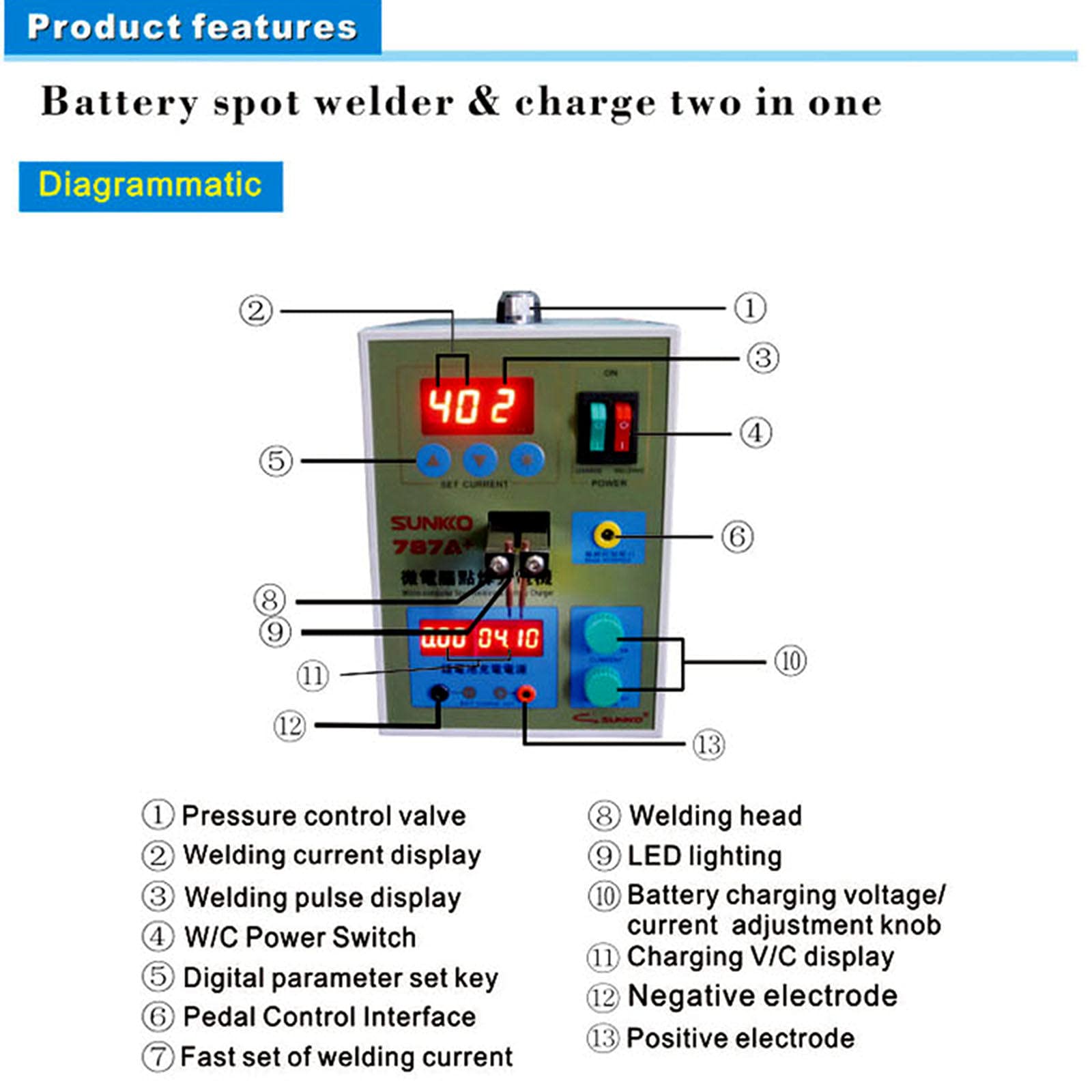 787A+ Doppio Impulso Piccolo 18650 Saldatore a punti per batteria Saldatrice a bottone per batteria Saldatore di testa per batterie al litio con sistema di raffreddamento e funzione di saldatura int