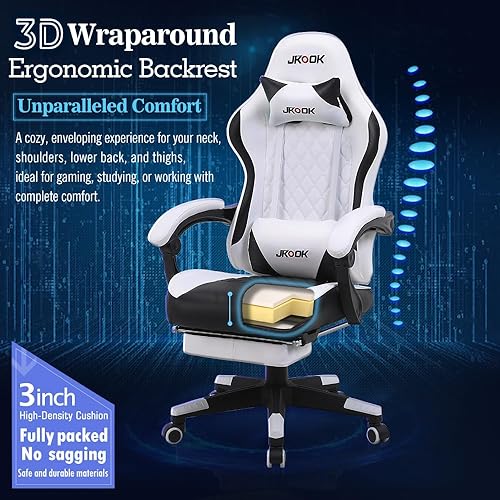 Miniatura 7 de JKOOK JK08 - Silla de juegos con reposapiés, silla de escritorio multifuncional con reposabrazos de conexión, piel sintética, sillas de computadora
